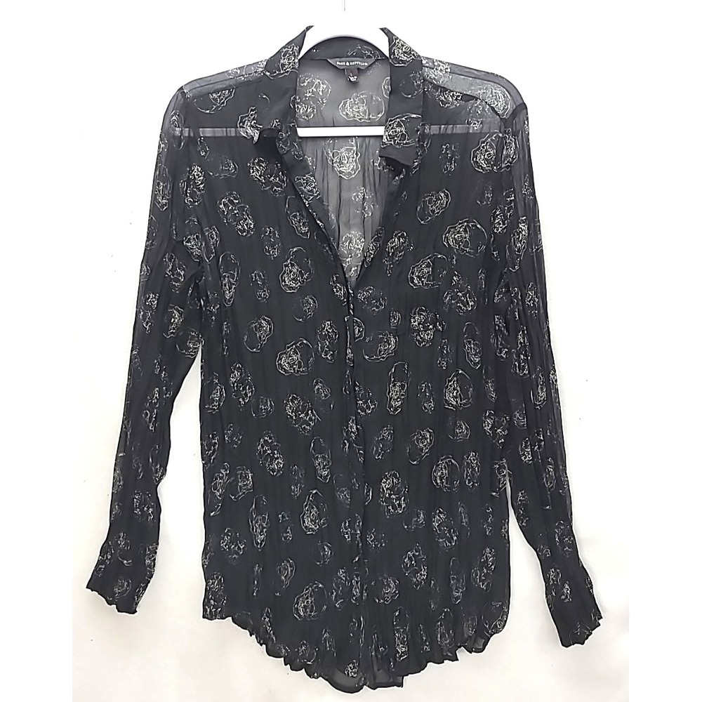 Rock and Republic Lg‎ Sheer pleated Blouse with All Over Print Skulls Goth Vamp